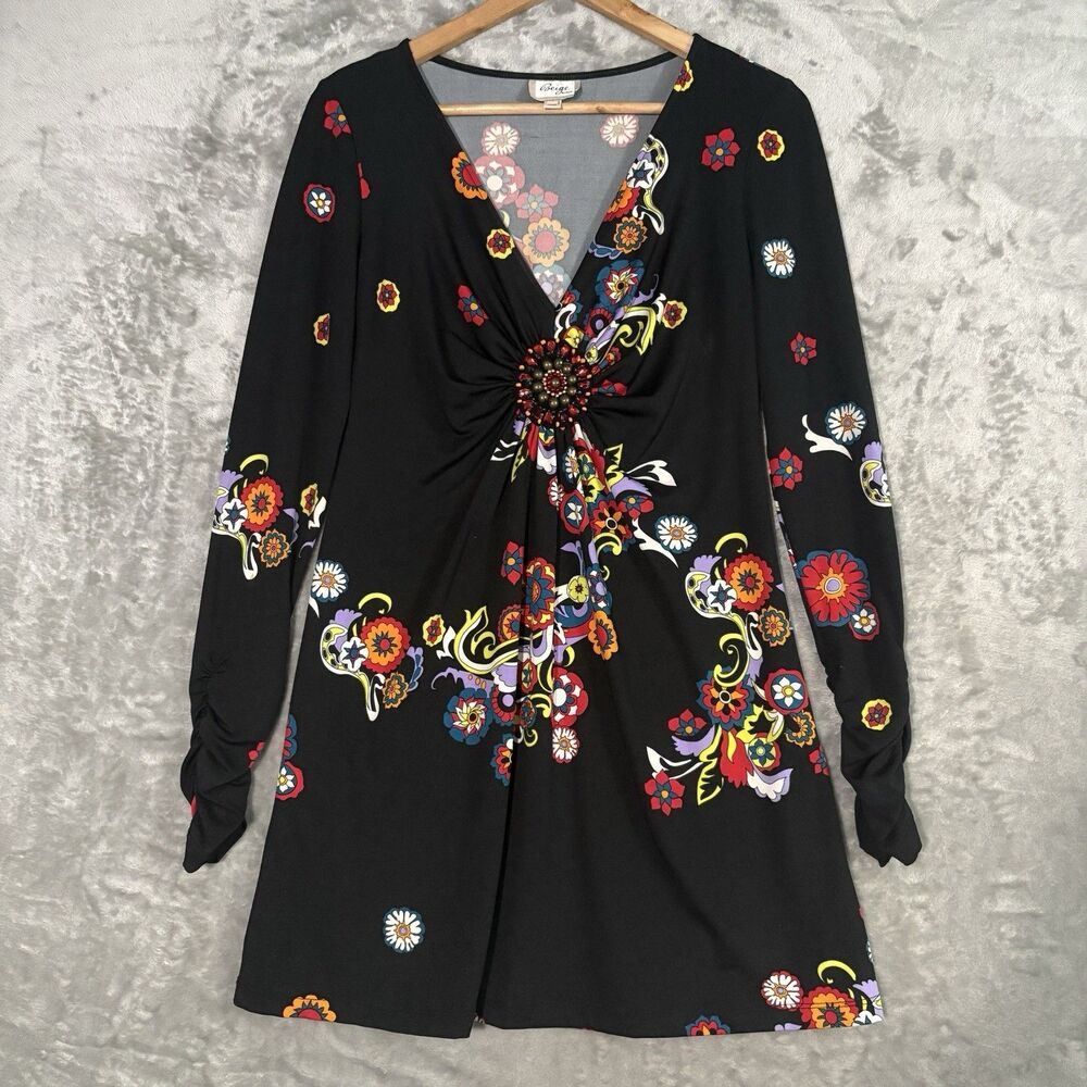 Beige by Eci Dress S Black Floral Ruched Sleeve Beaded Medallion Retro Y2K Boho